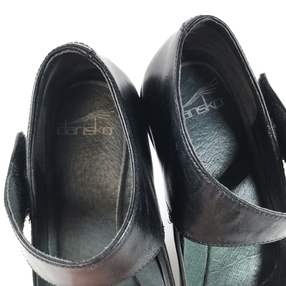 Dansko Mary Jane Shoes Black Leather Strap Shoe Heel Wedge - Picture 4 of 11